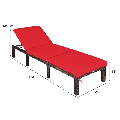 Brown PE Rattan Outdoor Chaise Lounge with Red Cushions