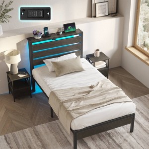 Greenstell Twin Size Bed Frame with Headboard, Metal Platform Bed Frame with LED Lights & Charging Station, Under Bed Storage, Solid and Stable, Black - 1 of 4