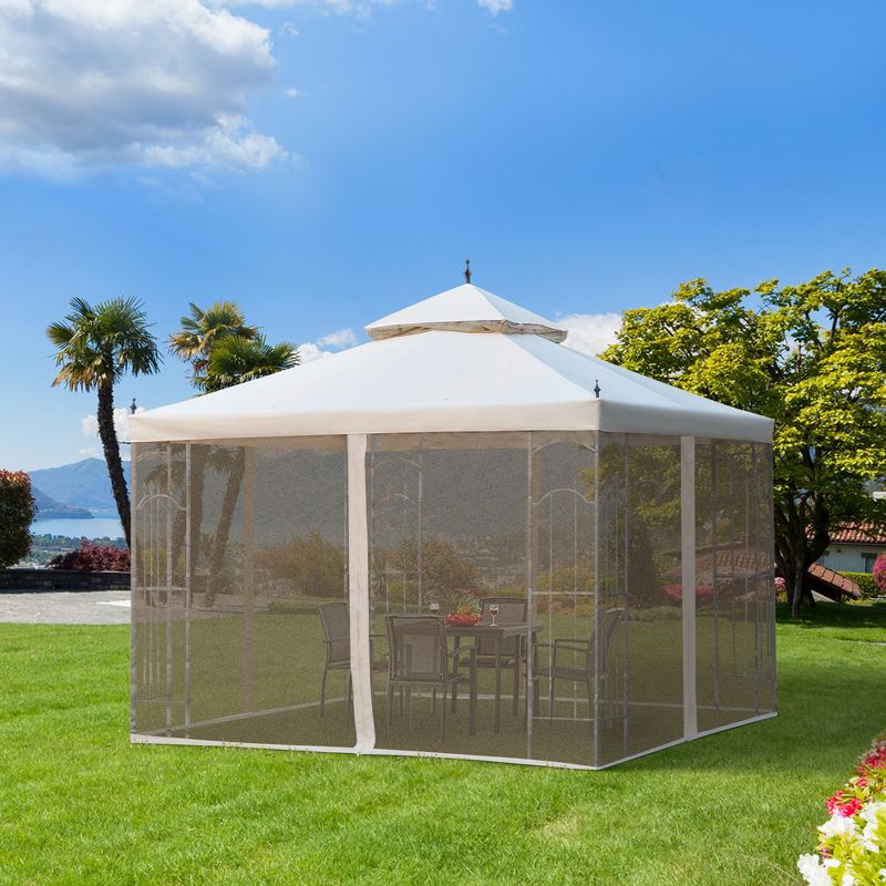 Outsunny 118" x 118" Steel Outdoor Patio Gazebo Canopy with Removable Mesh Curtains, Display Shelves, & Steel Frame, Cream White, 3 of 9