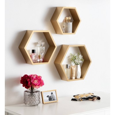 Gold Hexagon Floating Wood Wall Shelf Set