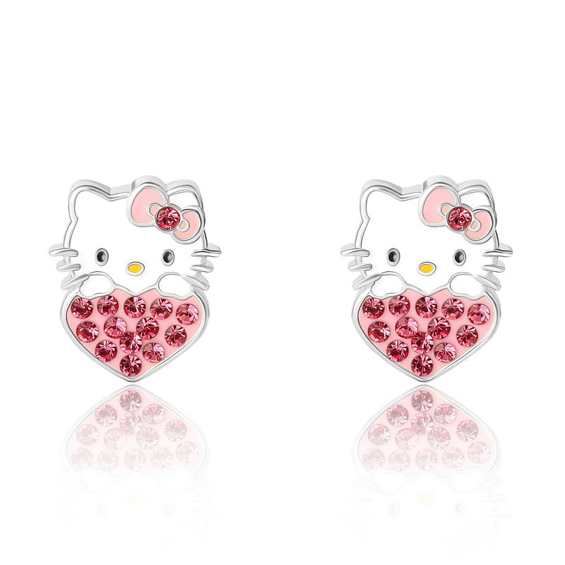 Sanrio Hello Kitty Brass Enamel and Crystal Head on Heart Stud Earrings, 2 of 3