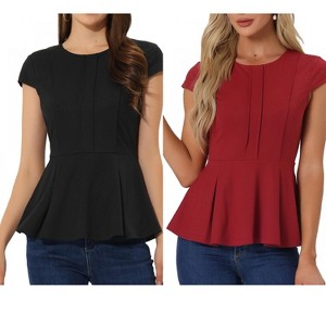 INSPIRE CHIC Women's Elegant Round Neck Cap Sleeve Solid Color Peplum Blouses 2 Packs - 1 of 4