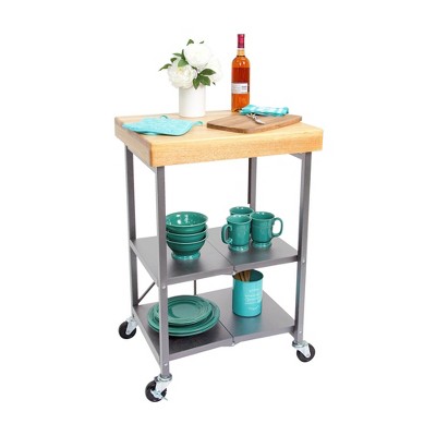 Foldable Silver Kitchen Cart with Wood Butcher Block Top