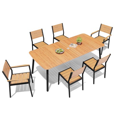 Crestlive Products 7pc Aluminum Patio Dinning Set 70.9in Table and 6 Chairs Plastic Wood Top with Umbrella Hole for Outdoor Pool Lawn