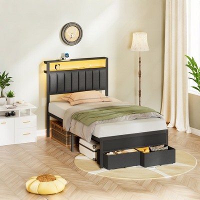 Furnulem Twin Bed Frames with Charging Station and LED Lights, Grey Upholstered Headboard with Shelves