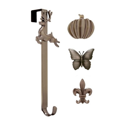 Haute Decor Adjustable Length Assembly Free Holiday Wreath Metal Decorative Door Hanger with Reindeer, Pumpkin, Butterfly, and Fleur De Lis, Bronze