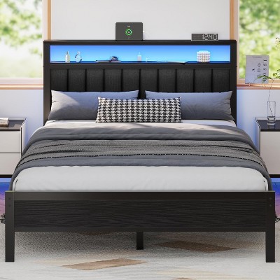 Furnulem Queen Size bed frame with charging station and LED light gray upholstered headboard two-tier storage shelves no spring mattress required