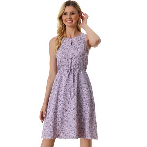 Allegra K Women's Floral Split Neck Drawstring Waist Sleeveless A-Line Summer Midi Dress - 1 of 4