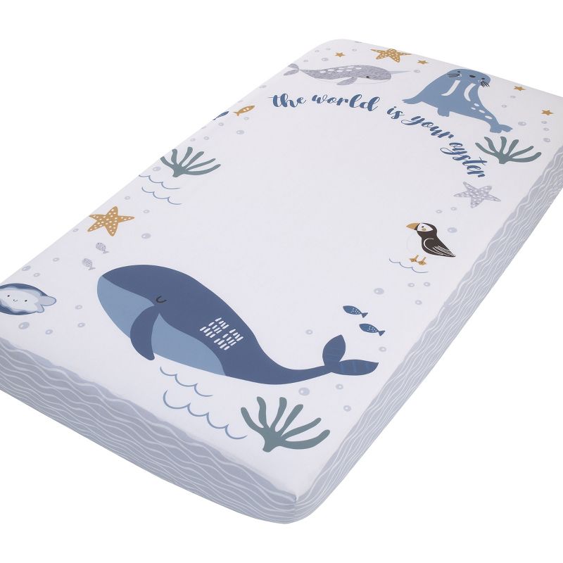 NoJo Arctic Adventure Light Blue, White, and Navy Whales, Narwhal, and Walrus "The World is your Oyster" 100% Cotton Photo Op Fitted Crib Sheet, 1 of 6