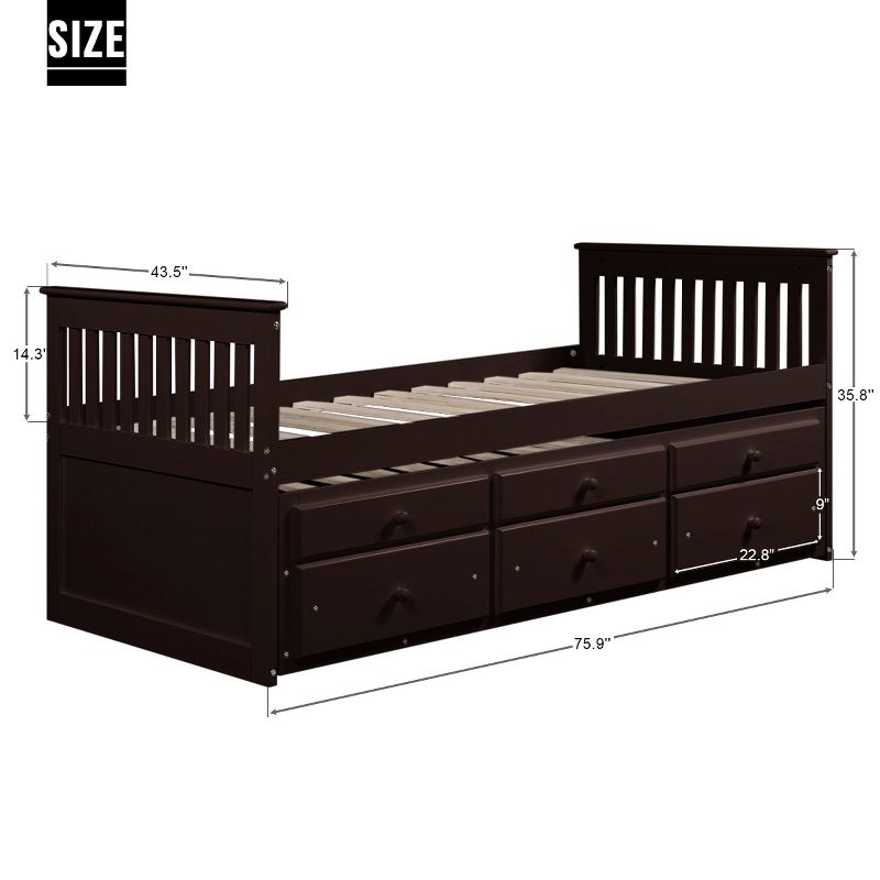 Twin Size Daybed, Captain's Bed with Trundle Bed and Storage Drawers-ModernLuxe, 3 of 15