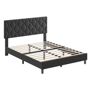 Upholstered Platform Bed Frame with Diamond Design Fabric Headboard, Solid Wood Slat Support, Non-Slip, Noise-Free, No Box Spring Needed - 1 of 4