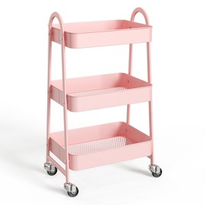 FURNIinspire Utility Storage Carts 3 Tier Small Rolling Cart, Metal Utility Storage Organizer Kitchen Office Shelves, Pink, 12.2"*16.9"*30.9" - 1 of 4