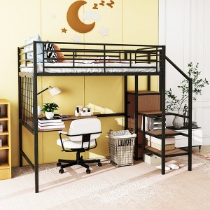 TIRAMISUBEST Twin/Full Size Loft Bed with L-Shaped Desk and Metal Grid, Stylish Metal Loft Bedframe with Lateral Storage Ladder and Wardrobe - 1 of 4