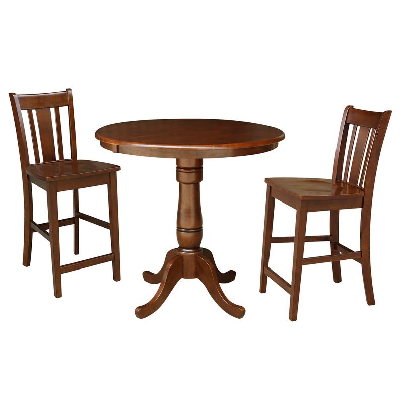 International Concepts 36 inches Round Top Pedestal Ext Table With 12 inches Leaf And 2 San Remo Rta Counter Height Stools, 1 of 7