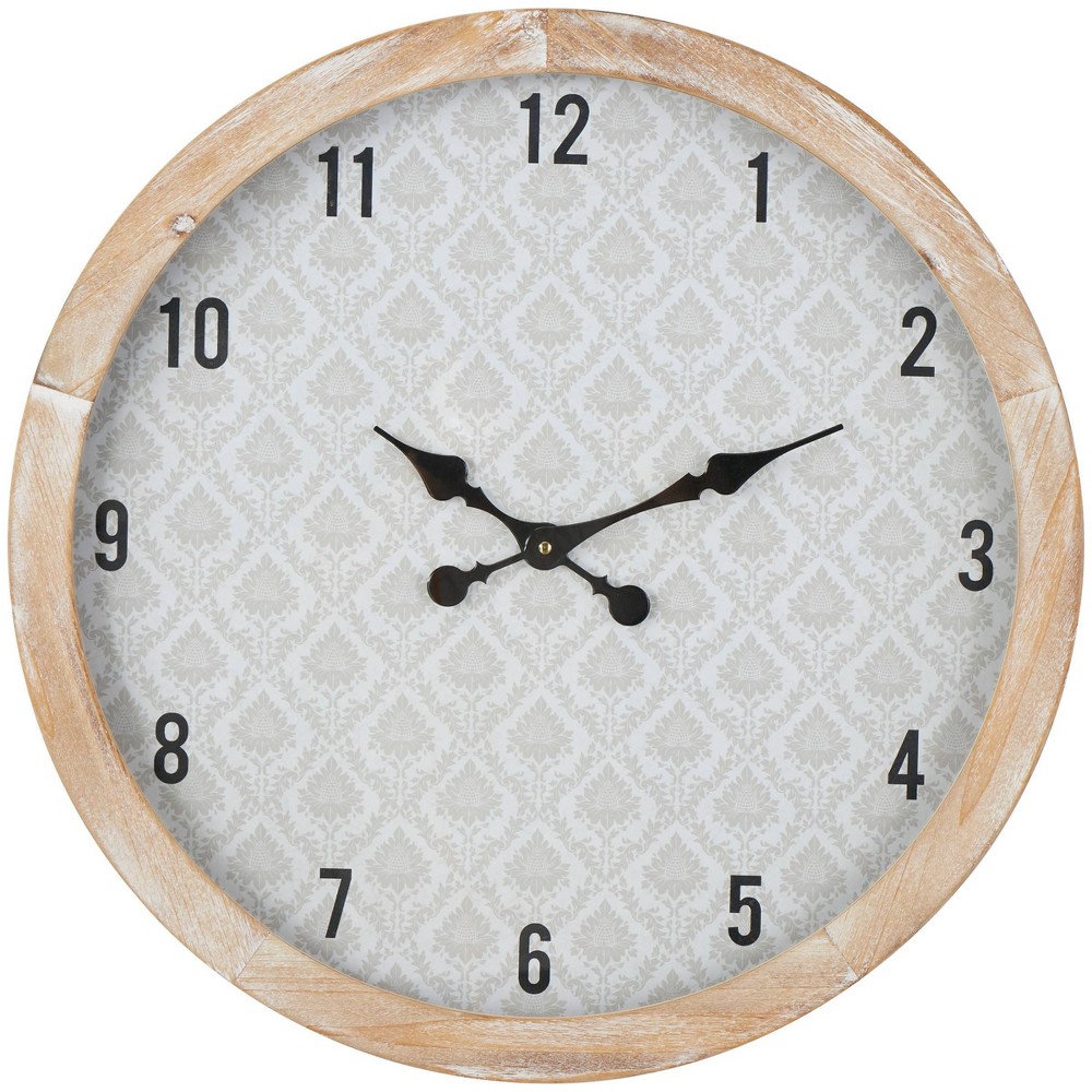 Photos - Wall Clock 24"x24" Wooden Floral  with Brown Wooden Frame Beige - Olivia &
