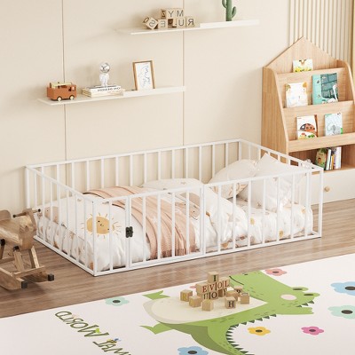 Montessori Bed Metal Floor Platform Frame with Safety Guardrails Fence Easy Assembly for Bedroom
