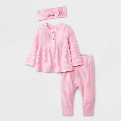 Baby Girls' Cozy Brushed Waffle Top & Bottom Set - Cat & Jack™ Pink 18M