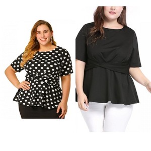 Women's Plus Size 2 Piece Twisted Knot Front Short Sleeves Crew Neck Solid Casual Peplum Blouses - Agnes Orinda - 1 of 4