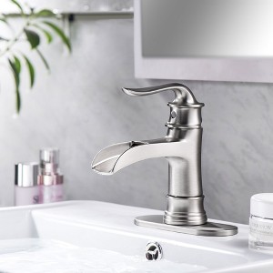 PAGED Bathroom Faucets Waterfall Spout Faucet Single Hole Sink Faucet with Pop Up Drain, Faucet for Bathroom Sink, Brushed Nickel - 1 of 4