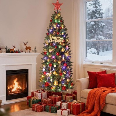 TackView Pre-Lit Pencil Christmas Tree, 6ft Hinged Slim Artificial Xmas Tree with Metal Stand for Home Office Party Holiday Decoration