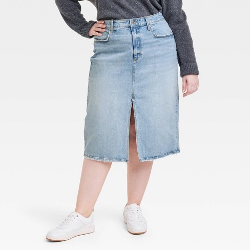 High waisted denim midi pencil clearance skirt