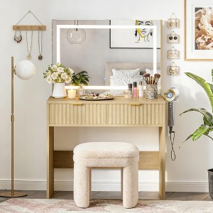 Fluted Vanity Desk with Large Mirror, 2 Drawers, 3 Lighting Modes ...