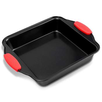 NutriChef Non-Stick Square Pan - Deluxe Nonstick Gray Coating Inside and Outside with Red Silicone Handles