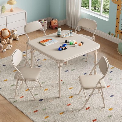 Boys and Girls Folding Table and Chairs Set of 3, Portable Table and Chair with Pu Soft Cushion, Suitable for Eating, Reading and Playing