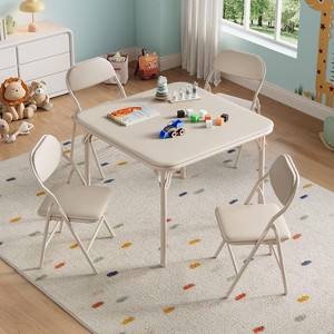 Boys and Girls Folding Table and Chairs Set of 3, Portable Table and Chair with Pu Soft Cushion, Suitable for Eating, Reading and Playing - 1 of 4