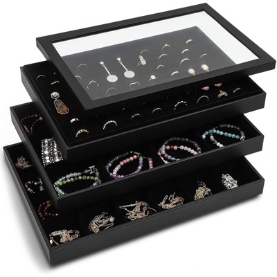 Black Jewelry Storage Trays Organizer Set with Clear Lid (13.5 x 9.5 Inches)