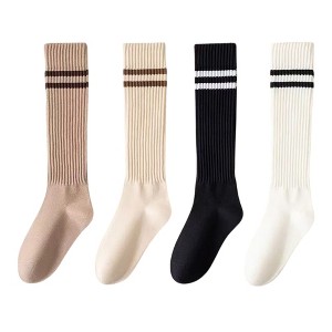 Anna-Kaci Women's 4-Pair Set Ribbed Knee-High Socks with Striped Detail Slim Fit Stretch Design for Casual Outfits - 1 of 4