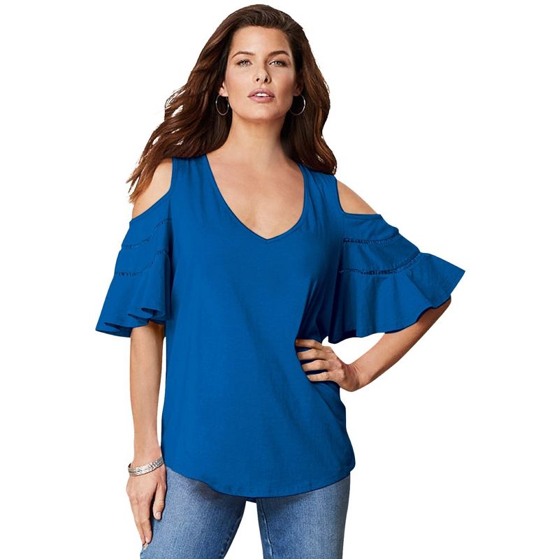 Roaman's Women's Plus Size Ruffle-Sleeve Top with Cold Shoulder Detail, 1 of 2