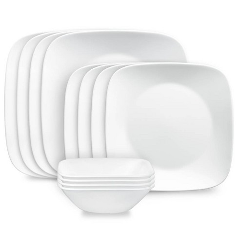 Corelle 12pc Vitrelle Pure White Dinnerware Set Service for 4 Includes Plates Bowls Solid Pattern Dishwasher Safe