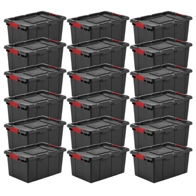 Sterilite 27 Gal Industrial Tote, Stackable Storage Bin With Latching Lid,  Plastic Container With Heavy Duty Latches, Black Base And Lid, 8-pack :  Target