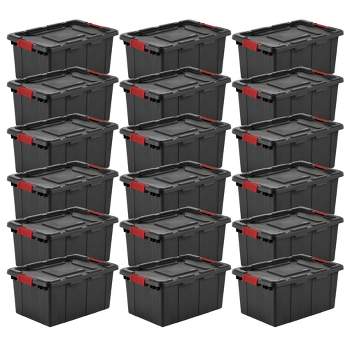 Sterilite 15 Gallon Stackable Industrial Tote with Latches, Tie Down Holes, and Indexed Lids for Heavy-Duty Storage Needs