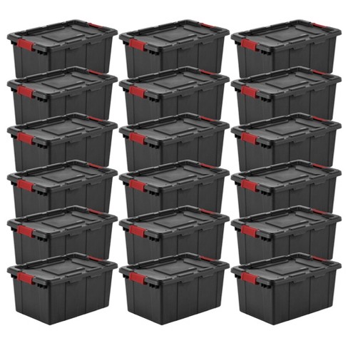 Sterilite 15 Gal Industrial Tote, Stackable Storage Bin With Latching Lid, Plastic  Container With Heavy Duty Latches, Black Base And Lid, 18-pack : Target