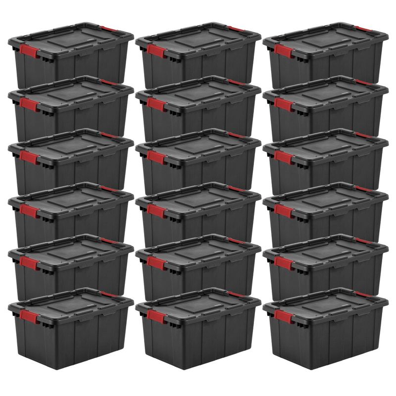 Sterilite 15 Gallon Stackable Industrial Tote with Latches, Tie Down Holes, and Indexed Lids for Heavy-Duty Storage Needs, 1 of 5