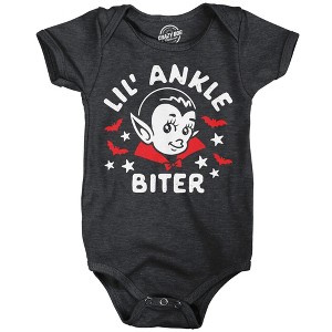 Lil Ankle Biter Baby Bodysuit Funny Sarcastic Vampire Graphic Novelty Halloween Jumper For Infants - Crazy Dog Baby Bodysuit For Halloween Season - 1 of 4