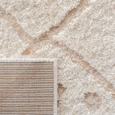 Ivory Geometric Hand-Knotted Shag Runner Rug