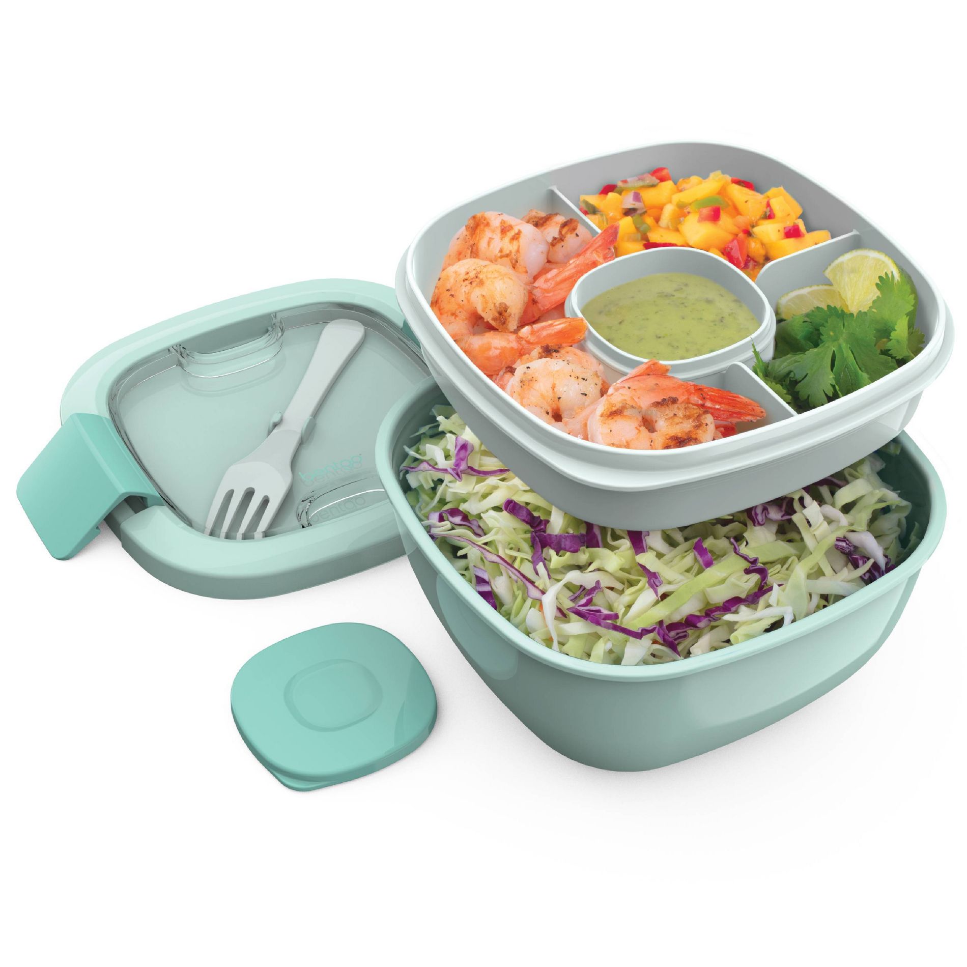 Bentgo Salad Stackable Lunch Container with Large 54oz Bowl, 4-Compartment Tray & Built-In Fork - Coastal Aqua