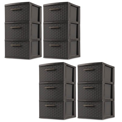 Image of Sterilite 3 Drawer Wicker Weave Decorative Storage Organization Container Cabinet Tower with Driftwood Handles, Espresso (4 Pack)