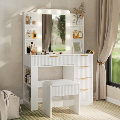 Buenhomino Vanity Desk with Llight Sliding Mirror and 5 Drawers, Makeup Vanity Table Set for Bedroom