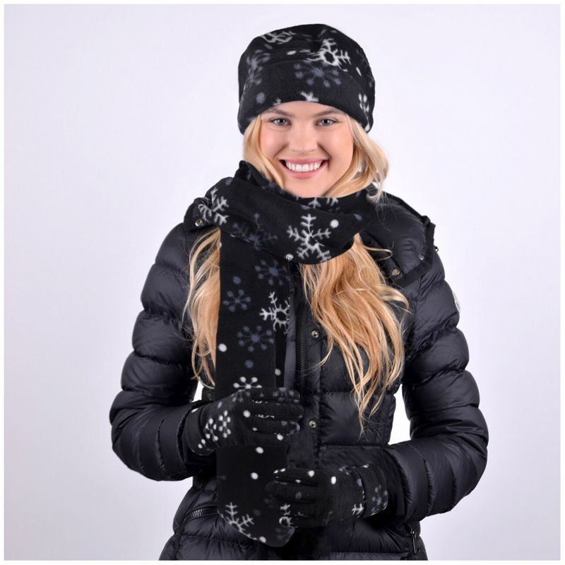 Women's Black Fleece Snow Flake 3-Piece Gloves Scarf Hat Winter Set, 2 of 5
