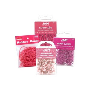 JAM Paper Office Supply Assortment Pink 1 Rubber Bands 1 Push Pins 1 Paper Clips & 1 Round Paper - 1 of 2