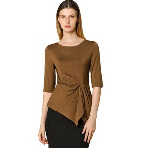 INSPIRE CHIC Women's Casual Asymmetrical Hem Ruched 3/4 Sleeves Round Neck Blouse Top - 1 of 4