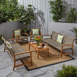 Christopher Knight Home Savannah Outdoor Acacia Wood and Wicker 8 Seater Sofa Chat Set - 1 of 4