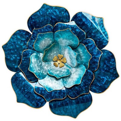 Wind & Weather Handcrafted Blue Metal Flower with Golden Center Wall Art