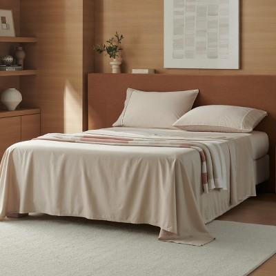 Double Stitch Cotton Tencel Sheet - Bed Sheets Set Queen Size, 4Pc Luxury Hotel Bedding Set, Soft, Cooling & Breathable for Hot Sleepers, Deep Pocket
