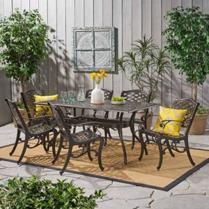 Hallandale Sarasota 7pc Cast Aluminum Dining Set - Hammered Bronze - Christopher Knight Home: Weather-Resistant, 6 Arm Chairs - 1 of 4