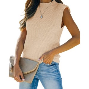 BLUEMING Sweater Vest for Women Summer Pullover Cap Sleeve Rib Knit Tops Mock Neck Sweater Tank Tops Sleeveless Summer Tops - 1 of 4